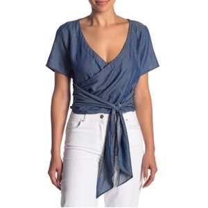 Melrose and Market Faux Wrap Faux Denim/Chambray Cropped Top